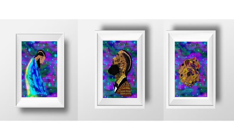 May include: Three framed art prints. The first depicts a figure in blue and yellow against a colorful background. The second shows a profile with a beard and gold accents. The third features a cookie with text.