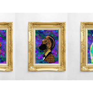 May include: Three framed art prints with gold ornate frames. The artwork features colorful digital illustrations of a person and a cookie. The background is a mix of blue, purple, and green colors.