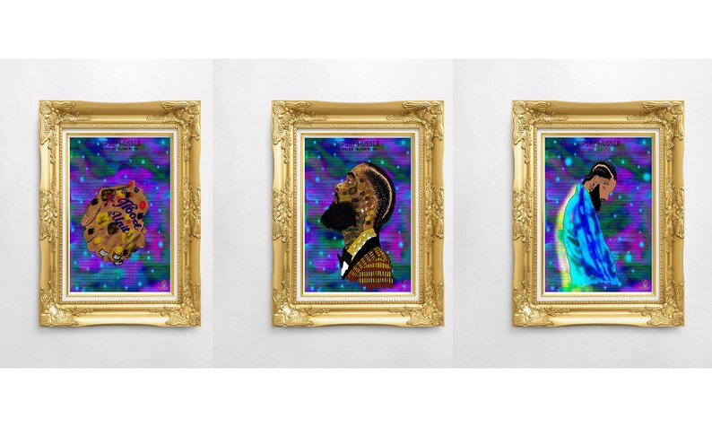 May include: Three framed art prints with gold ornate frames. The artwork features colorful digital illustrations of a person and a cookie. The background is a mix of blue, purple, and green colors.
