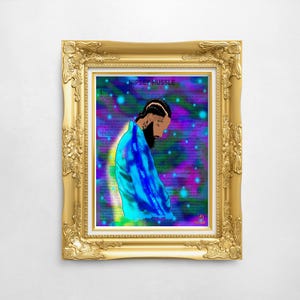 May include: A framed art print featuring a stylized illustration of a person in a blue jacket, with the text "NIPSEY HUSSLE" at the top. The artwork has a colorful background with a gold ornate frame.
