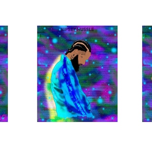 May include: Three digital art prints featuring a portrait of rapper Nipsey Hussle. The first print shows Hussle looking up with a gold chain and a black bow tie. The second print shows Hussle in a blue shirt with his head down. The third print shows two hands clasped together with the words "Hood & Unit" written on them.
