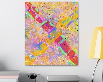 May include: Abstract painting with a colorful, layered design. The background is a light yellow with pink, blue, and green accents. The painting features a diagonal pattern of bright pink, red, and yellow lines.