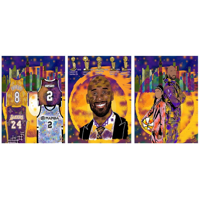 K&ouml;nnte beinhalten: Ein Triptychon-Kunstdruck mit Basketballtrikots, einem Portr&auml;t und einem Vater-Tochter-Bild. Die Trikots zeigen die Nummern 8, 2 und 24. Das Portr&auml;t zeigt einen l&auml;chelnden Mann im Anzug. Das Vater-Tochter-Bild enth&auml;lt einen Basketball.