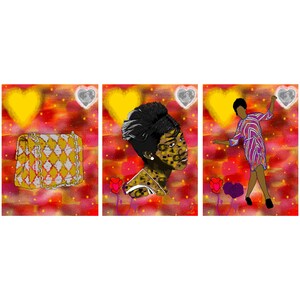 Pode incluir: Obra de arte digital em tr&ecirc;s pain&eacute;is. O primeiro painel mostra uma bolsa com padr&atilde;o amarelo e branco. O segundo painel retrata o perfil de uma mulher com pele com estampa de leopardo. O terceiro painel mostra uma pessoa com um vestido rosa.