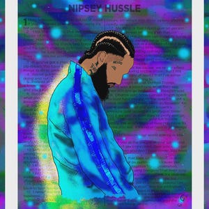 May include: A triptych of digital art prints featuring Nipsey Hussle. The first shows a profile view with detailed facial features and a patterned jacket. The second depicts a figure in a blue jacket. The third shows a hand with the words "Hood Unit".