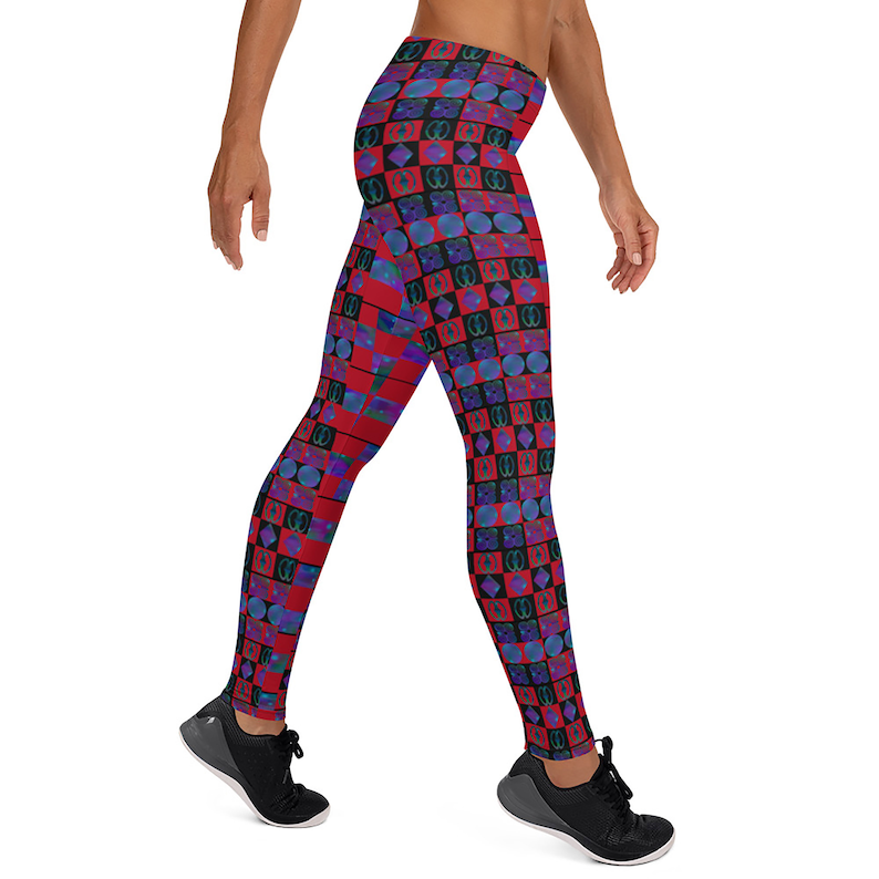 May include: Red and blue patterned leggings with a geometric design. The leggings are made of a stretchy, comfortable fabric and are perfect for yoga, running, or any other workout.