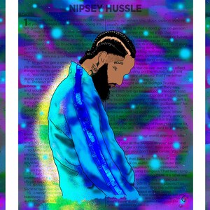 May include: A digital art print featuring a portrait of rapper Nipsey Hussle in three different styles. The first image shows him looking up with a serious expression, the second shows him looking down with a thoughtful expression, and the third shows a stylized image of two hands clasped together with the words "Hood & Unit" written on them.