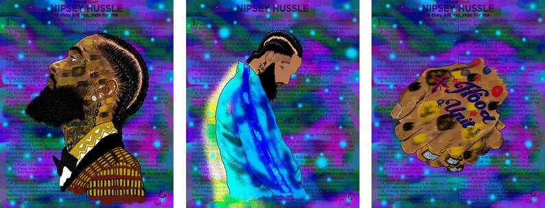 May include: A digital art print featuring a portrait of rapper Nipsey Hussle in three different styles. The first image shows him looking up with a serious expression, the second shows him looking down with a thoughtful expression, and the third shows a stylized image of two hands clasped together with the words "Hood & Unit" written on them.