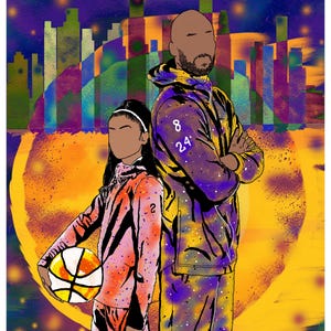 May include: Digital art print featuring a father and daughter in basketball attire. The father wears a purple and gold hoodie with the numbers 8 and 24. The daughter holds a basketball. A cityscape is in the background.
