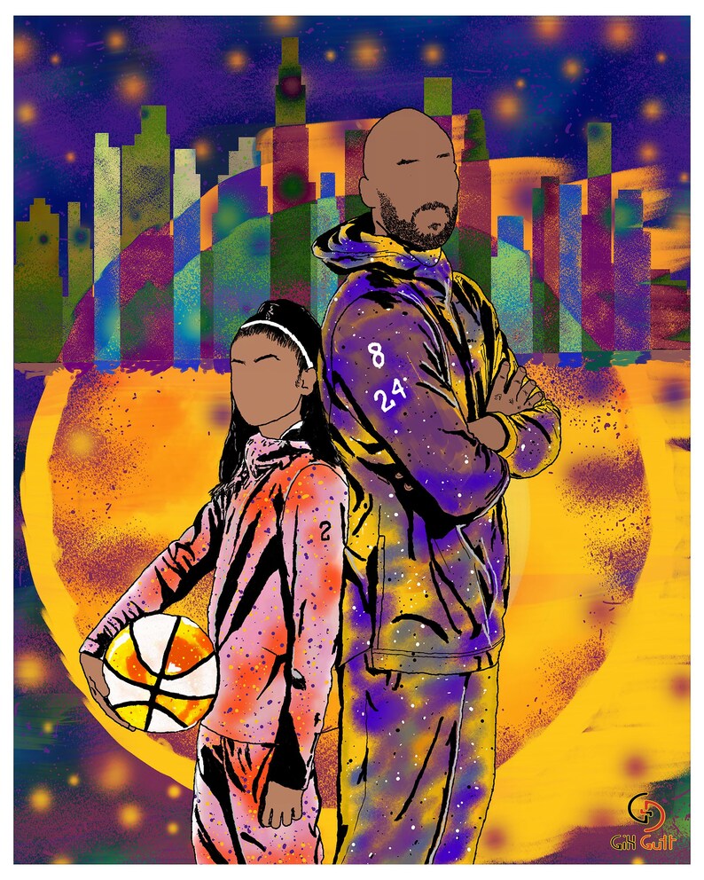 May include: Digital art print featuring a father and daughter in basketball attire. The father wears a purple and gold hoodie with the numbers 8 and 24. The daughter holds a basketball. A cityscape is in the background.
