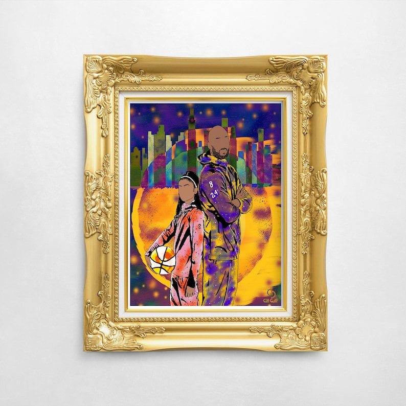 May include: A framed art print featuring a stylized illustration of a man and a woman standing together. The man wears a purple hoodie with the number 8 and 24. The woman holds a basketball. The background includes a cityscape and a yellow circle.