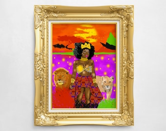 Lámina artística de la Reina León, Empoderamiento Negro, Firmada 8x10, 11x14