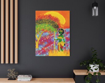 May include: A digital painting depicting a woman with green skin and a golden crown standing in a colourful landscape. The woman is holding a staff and is wearing a golden skirt and a green top. The background is a vibrant mix of colours, including red, orange, yellow, green, blue, and purple.