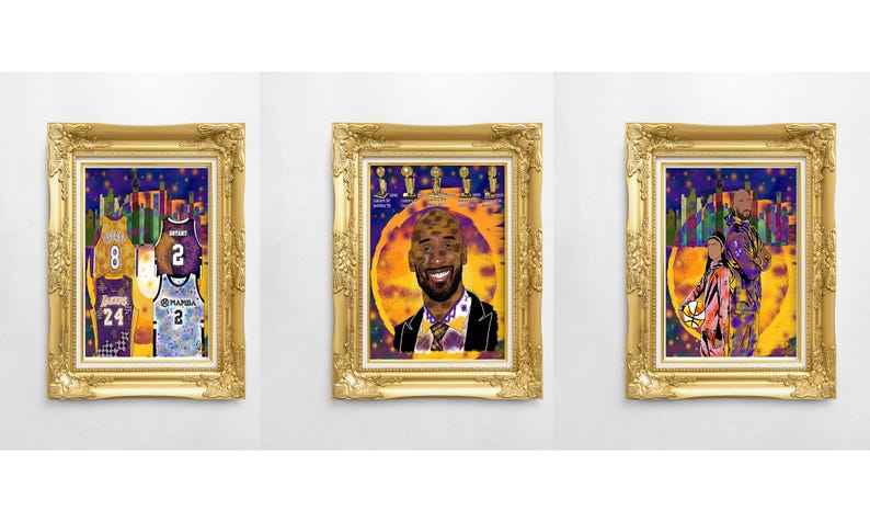K&ouml;nnte beinhalten: Drei gerahmte Kunstdrucke mit goldenen, verzierten Rahmen. Die Kunstwerke zeigen farbenfrohe Illustrationen eines Basketballspielers, darunter Trikots mit den Nummern 8, 24 und 2. Der Hintergrund umfasst Stadtansichten und einen Sternenhimmel.