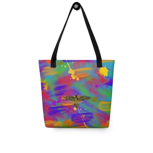 Abstract Fusion Tote Bag | Neon Paint Splatter, Gold Bird Graphic Shoulder Bag