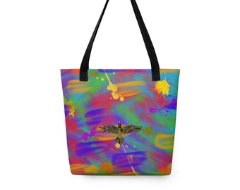 Abstract Fusion Tote Bag | Neon Paint Splatter, Gold Bird Graphic Shoulder Bag
