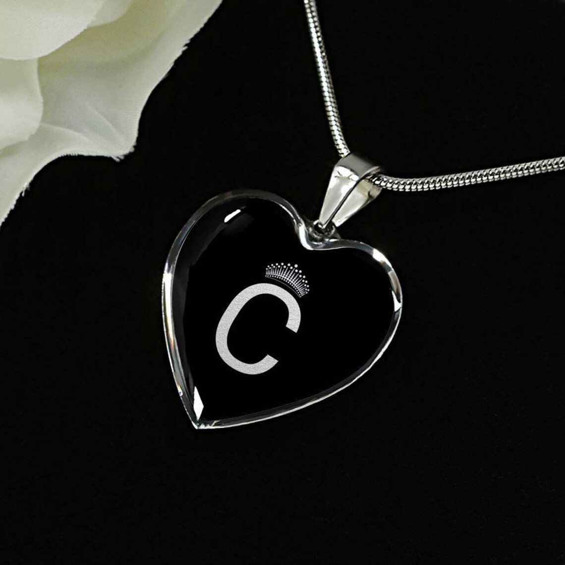 Crowned C Initial Silver Heart Pendant Necklace Etsy