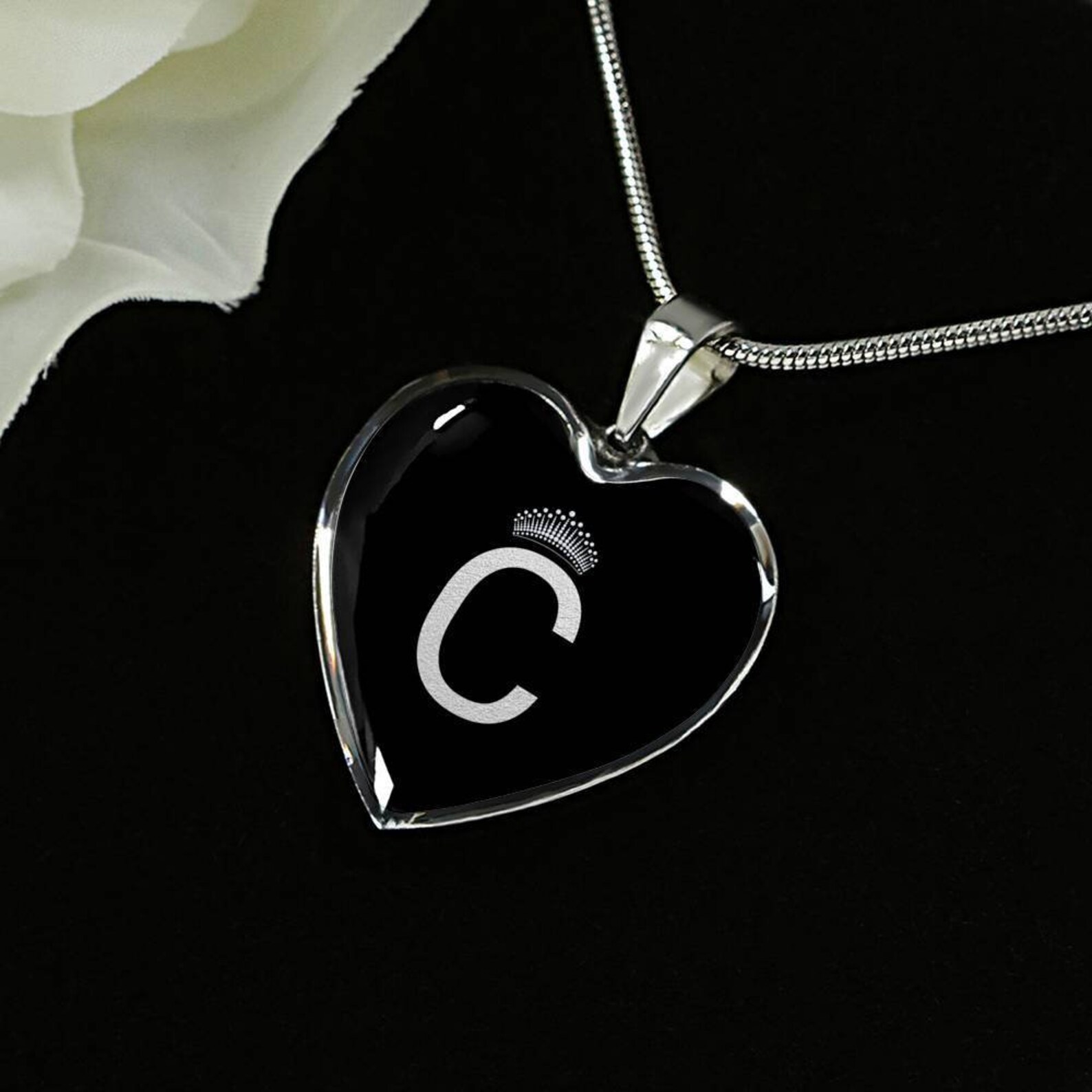 Crowned C Initial Silver Heart Pendant Necklace Etsy