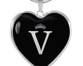 Crowned V Initial Silver Heart Pendant Necklace