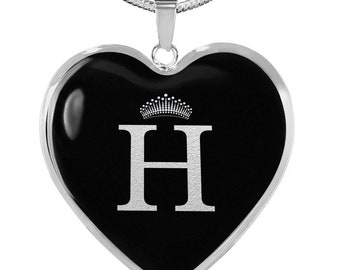 Crowned H Initial Silver Heart Pendant Necklace