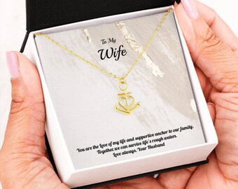 18K Yellow Gold Finish Anchor Necklace and Love Message to Wife; Great Anniversary, Birthday Gift for Wife with Strength Message in Gift Box