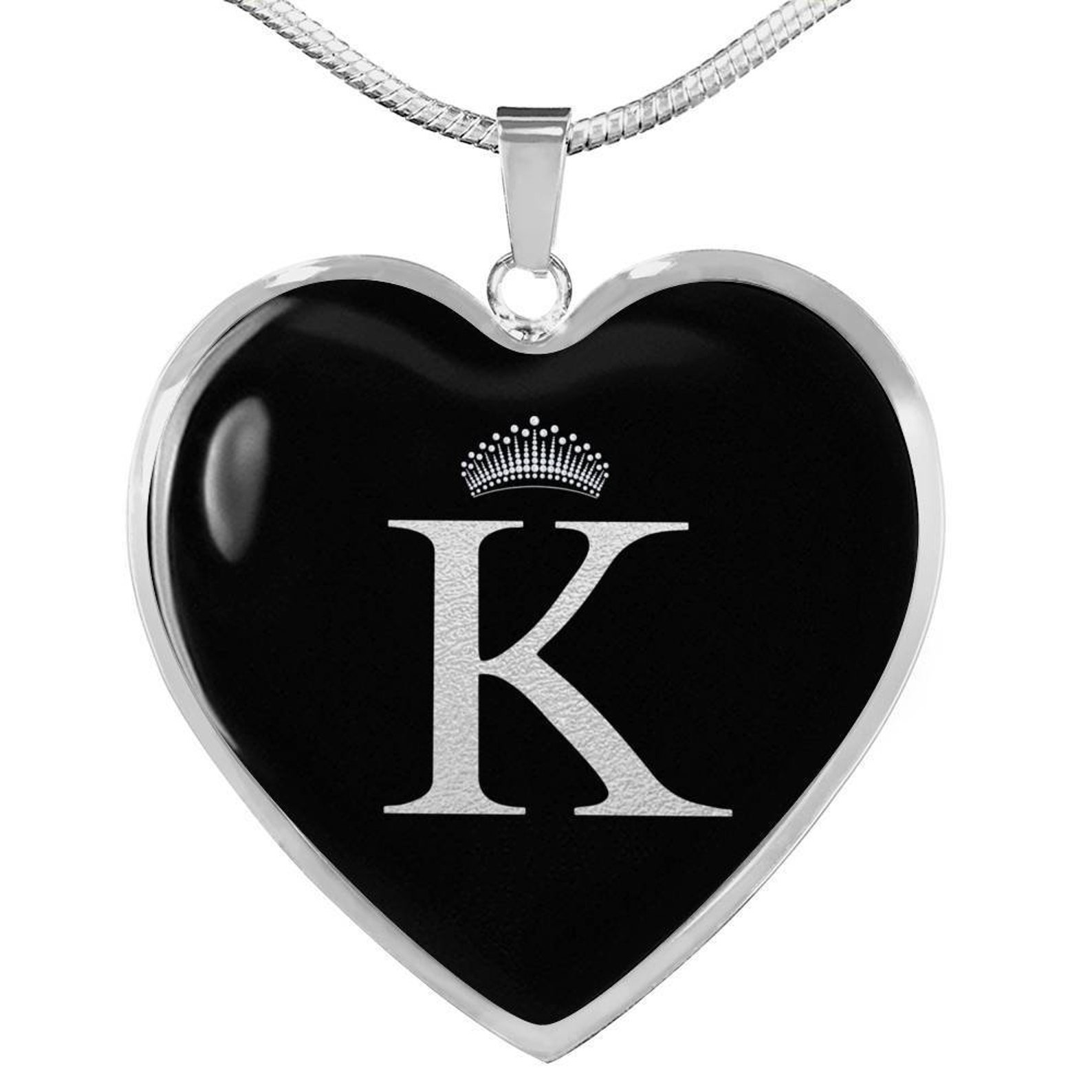 Crowned K Initial Silver Heart Pendant Necklace Etsy UK
