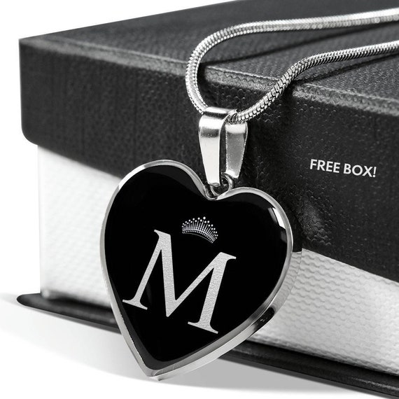 Crowned M Initial Silver Heart Pendant Necklace - Etsy