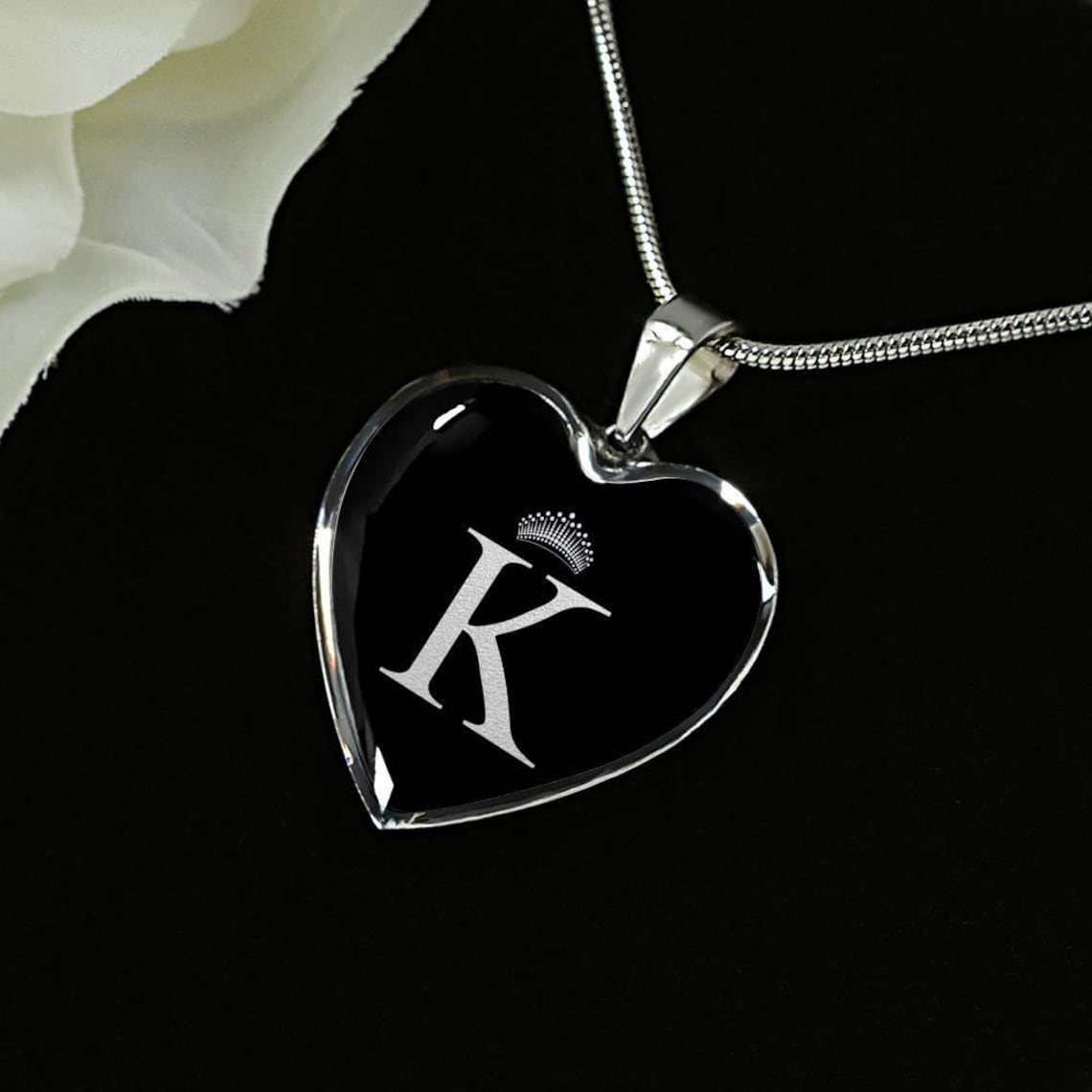 Crowned K Initial Silver Heart Pendant Necklace Etsy UK