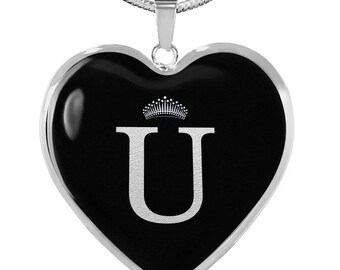 Crowned U Initial Silver Heart Pendant Necklace