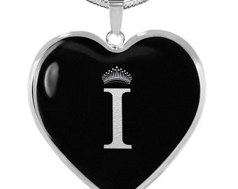 Crowned I Initial Silver Heart Pendant Necklace