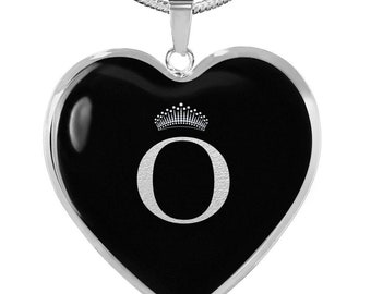 Crowned O Initial Silver Heart Pendant Necklace
