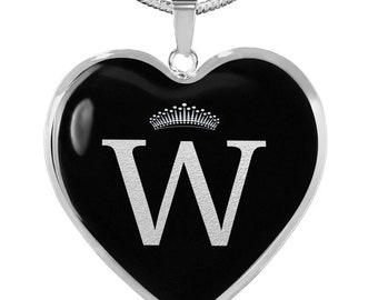 Crowned W Initial Silver Heart Pendant Necklace