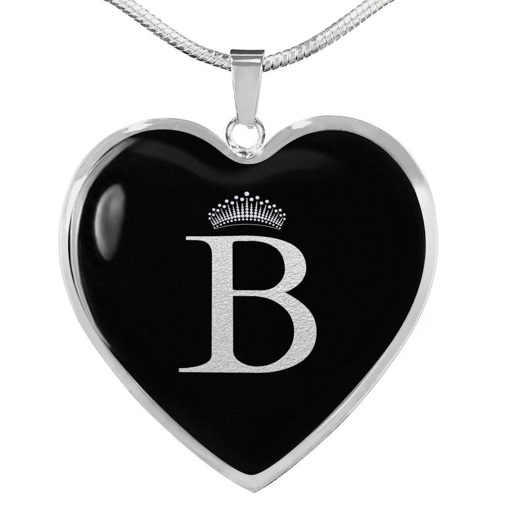 Crowned B Initial Silver Heart Pendant Necklace Etsy
