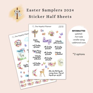 May include: Two sheets of Easter stickers with watercolor illustrations of flowers, butterflies, lambs, a deer, and crosses. The stickers include text such as "He is Risen!" and "Easter Sunday".