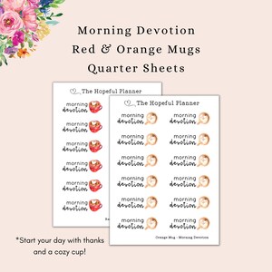 May include: A sheet of planner stickers featuring red and orange mugs with the text "morning devotion" on each. The stickers are designed for use in a planner or journal.