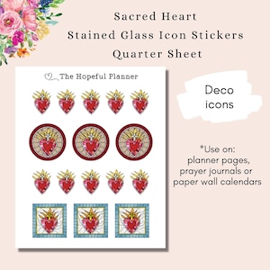 Sacred Heart of Jesus Stained Glass Icon Sticker Sheet - Catholic Prayer Devotion - Stickers for Planner / Bible / Prayer Journal pages