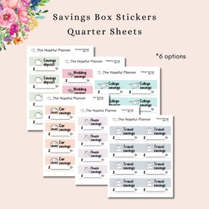 Savings Box Sticker Sheets - House, Car, College, Wedding, Travel Savings Planner Stickers - Finance Stickers for Planners and Wall Calendar