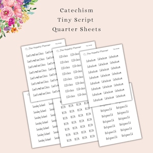 May include: A set of printable planner stickers with the text "The Hopeful Planner" and various religious education terms in a tiny script font. The terms include "Confirmation Class", "CCD Class", "Catechism", "Sunday School", "RCIA", and "Religious Ed".