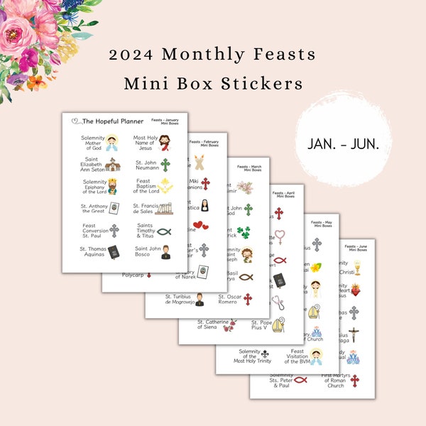 JANUARY - JUNE 2024 Catholic Feast Day Stickers - Catholic Liturgical Sticker Sheets for Planners, Journals & Paper Wall Calendars