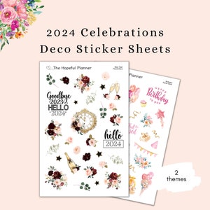 Stickers décoratifs Célébrations 2024 - Feuilles d'autocollants sur le thème floral du Nouvel An et des anniversaires pour agendas et journaux
