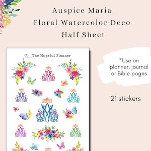 Auspice Maria Bright Floral Decorative Stickers - Traditional Catholic Marian Devotion Sticker Sheet for Planners and Prayer Journals