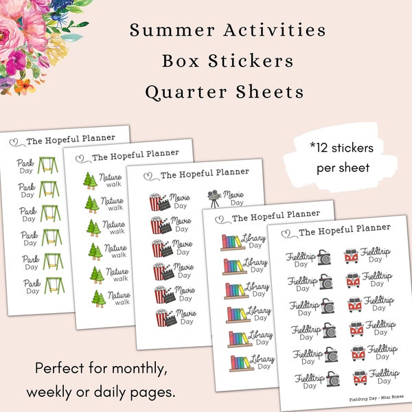 2023 Summer Activity Stickers - Field trip, Library Day, Movie, Nature Walk & Park Day Small box reminder stickers for homeschool planning