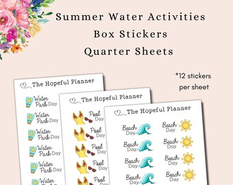 Summer Water Activities Sticker Sheet - Beach Day, Pool, Waterpark Day Small box stickers for homeschool planning - Summer Break stickers