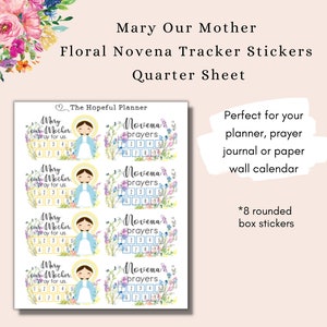 Sticker floral neuvaine mariale V5 - icône catholique Marie notre mère - rappel de suivi hebdomadaire parfait pour les pages de l'agenda ou les calendriers muraux en papier