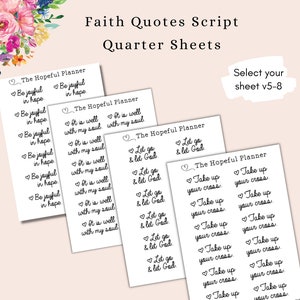 May include: Four printable sheets with inspirational quotes about faith. The quotes are "Be joyful in hope", "It is well with my soul", "Let go & let God", and "Take up your cross".