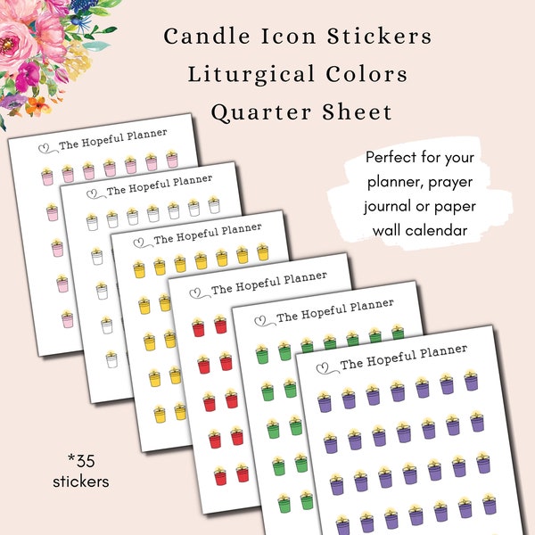 Liturgical Candle Icon Sticker Sheet - Tiny Size - Stickers to for Catholic Planner / Prayer Journal