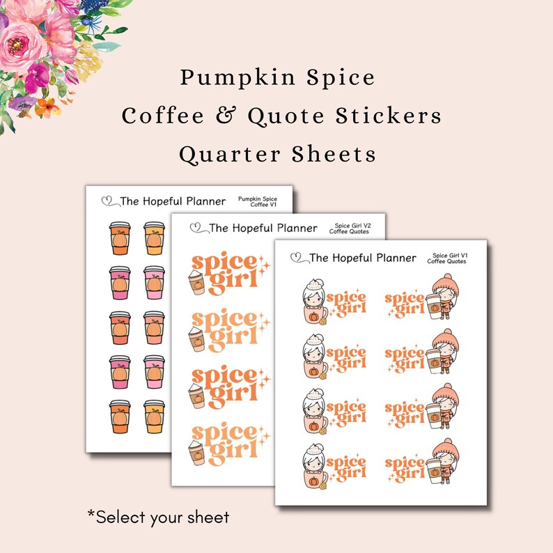 Pu&ograve; includere: Tre fogli di adesivi con disegni a tema zucca e spezie. Il primo foglio ha nove adesivi di tazze da caff&egrave; con disegni di latte alla zucca e spezie. Il secondo foglio ha quattro adesivi con il testo "spice girl" in un font retr&ograve;. Il terzo foglio ha nove adesivi di una ragazza dei cartoni animati che tiene un latte alla zucca e spezie e una zucca.
