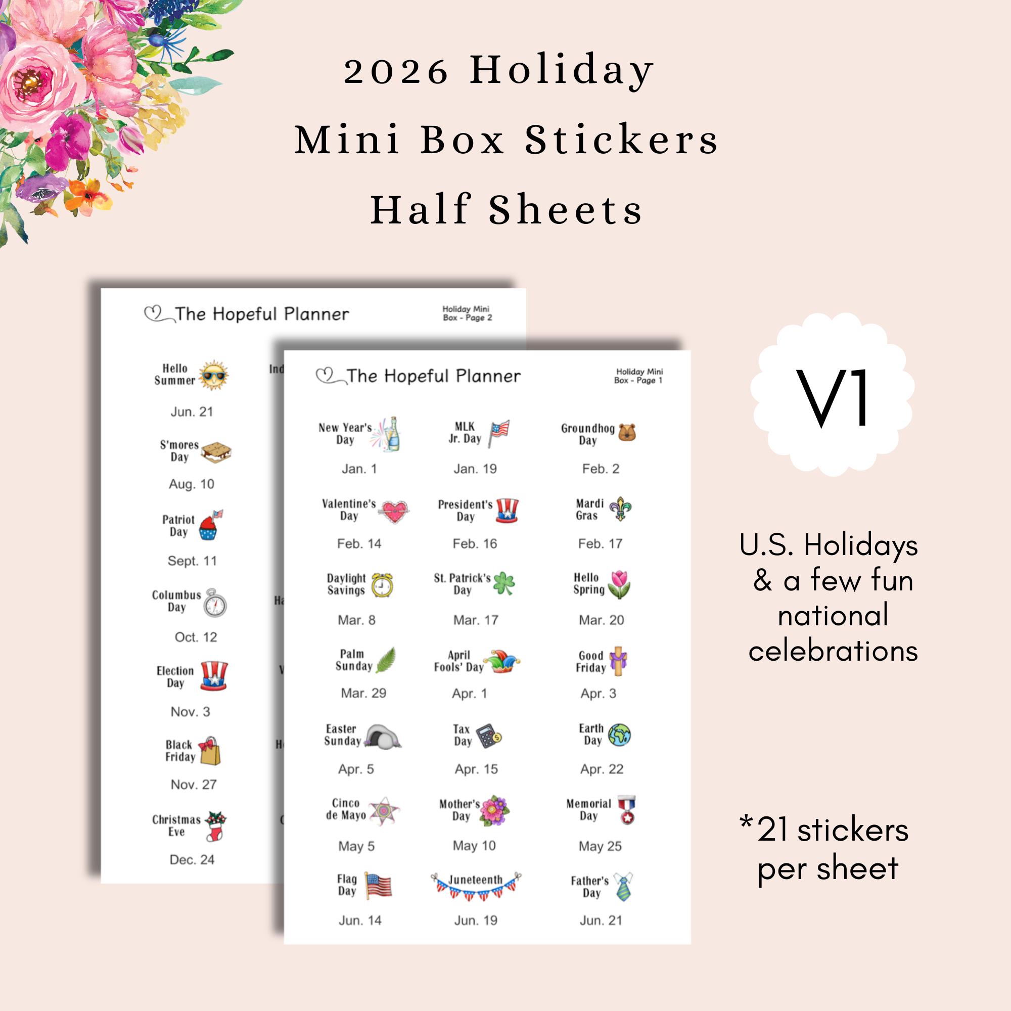 2026 Holidays Mini Box Stickers - Cute U.S. Holiday Celebration Sticker ...