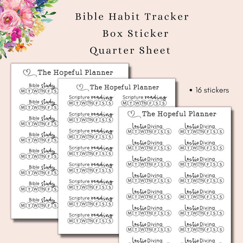 May include: Three sheets of printable stickers for a planner. The stickers are black and white and feature the text 'Bible Study', 'Scripture Reading', and 'Lectio Divina' with the days of the week abbreviated below each. The text 'The Hopeful Planner' appears at the top of each sheet. The text '16 stickers' appears in the top right corner of the image.