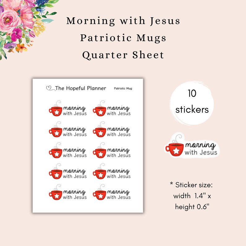 May include: A sheet of 10 red and white "Morning with Jesus" coffee mug stickers. The stickers are 1.4 inches wide and 0.6 inches high.